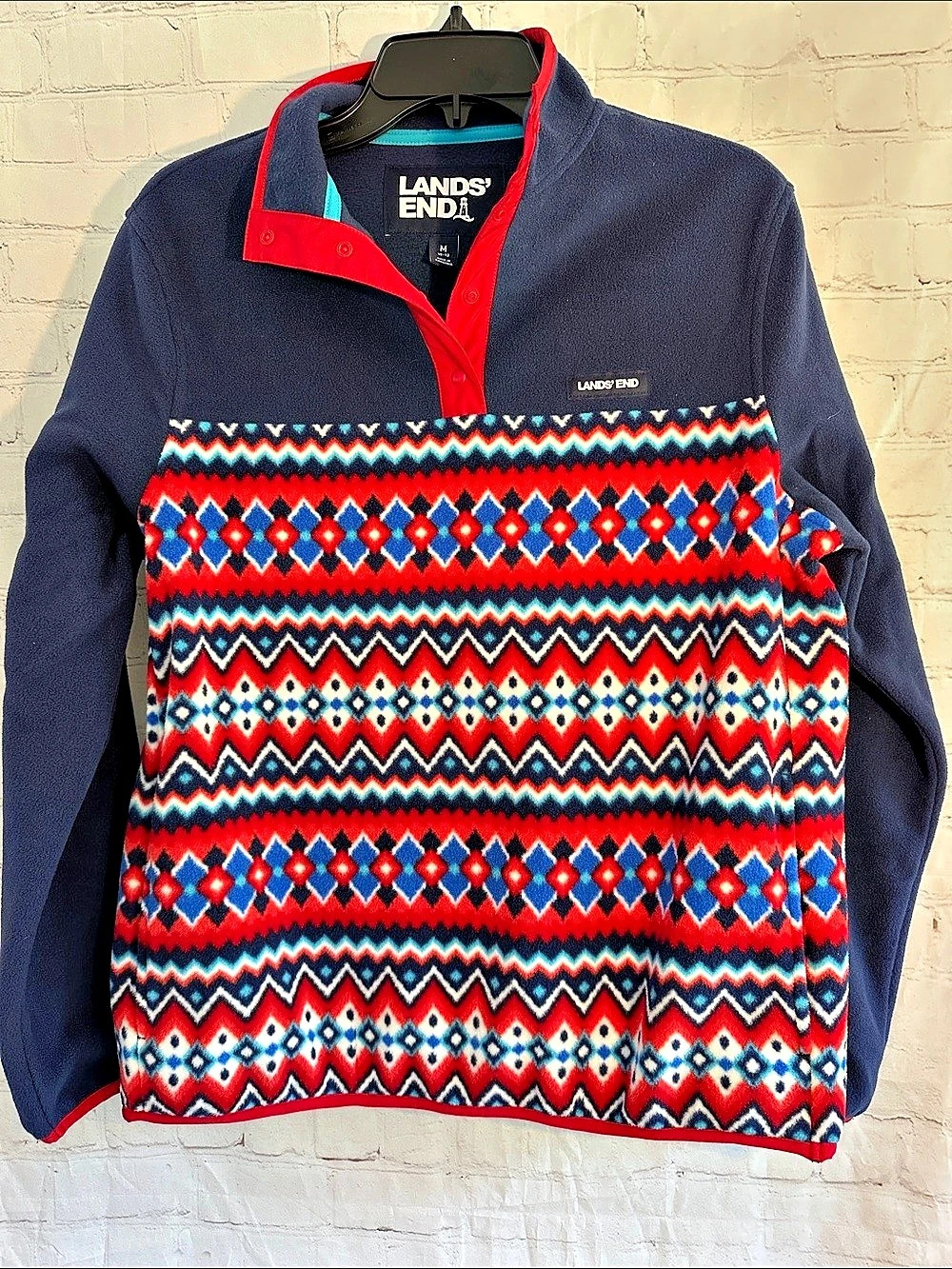 Lands' End Fleece Snap Pullover Blue & Red Size Medium
